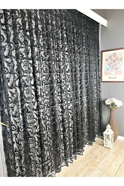 Evdepo Home Μοτίβο σάλι με αποκλειστική πτύχωση, κουρτίνα από τούλι με ένα φύλλο - Μαύρο