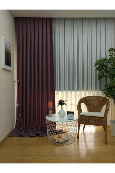 Evdepo Home Taç Mürdüm Düz Renk Keten Fon Perde, Pilesiz Düz Dikim, Ekstrafor Büzgü, Tek Kanat