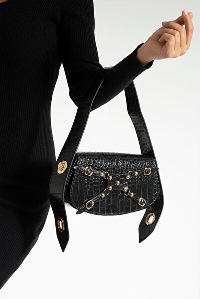 Silblack Kadın Kroko Desenli Baget Model Ayarlanabilir Kilit Askılı Manç Omuz Çanta