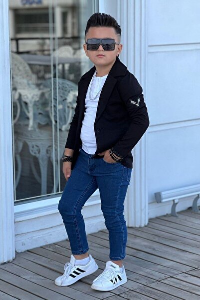 Riccotarz Boy's Black Blazer Jacket and Long Sleeve T-Shirt - Embroidered Bottom Top Set