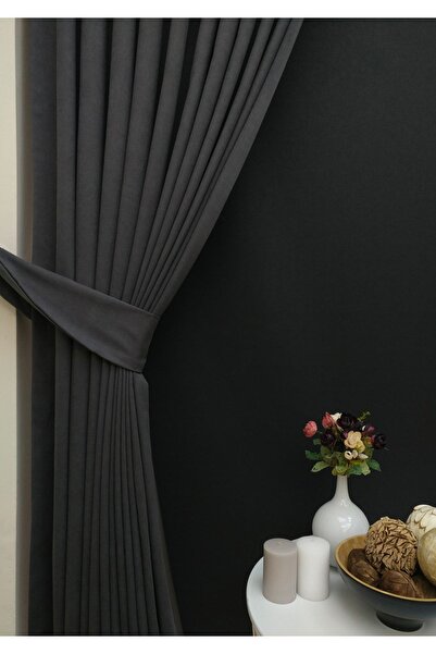 Evdepo Home Crown Anthracite Solid Color 1/3 Close Pleated Background Curtain...