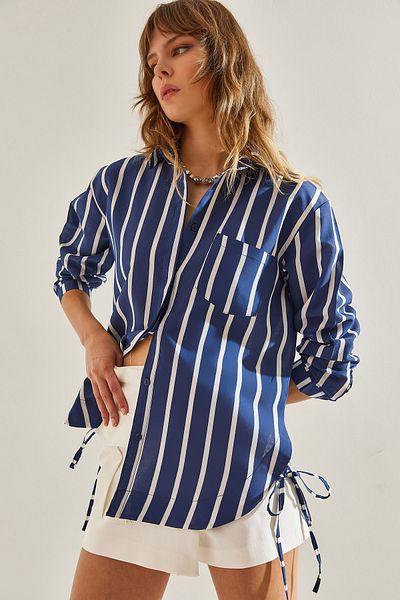 Bianco Lucci Modal Striped Oversize Women's Shirt - Drawstring Rope Tie Detail60251125