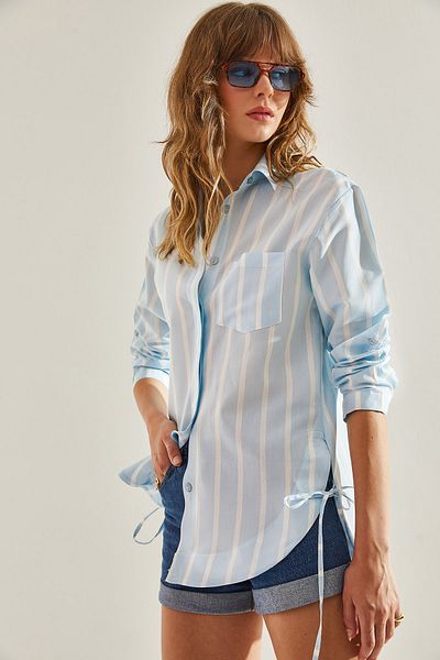 Bianco Lucci Modal Striped Oversize Women's Shirt - Drawstring Rope Tie Detail60251125