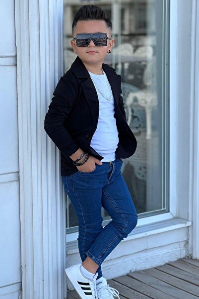 Riccotarz Boy's Black Blazer Jacket and Long Sleeve T-Shirt - Embroidered Bottom Top Set