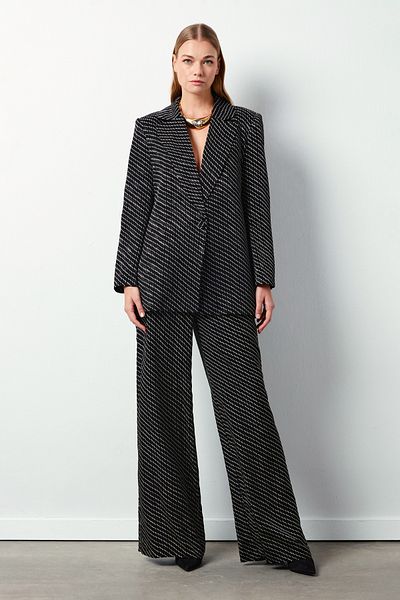 Sateen Stripe Patterned Trousers - Black