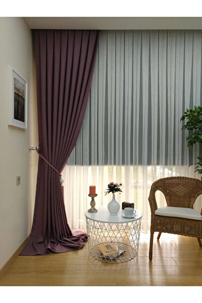 Evdepo Home Taç Mürdüm Düz Renk Keten Fon Perde, Pilesiz Düz Dikim, Ekstrafor Büzgü, Tek Kanat