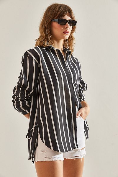 Bianco Lucci Modální pruhovaná oversize dámská košile – stahovací šňůrka provazová kravata Detail60251125