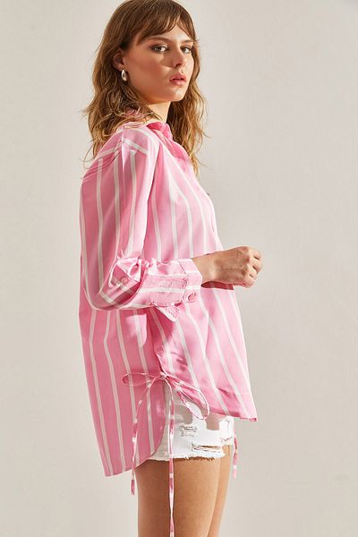Bianco Lucci Koszula damska w paski Modal Oversize - wiązanie sznurkiem 60251125