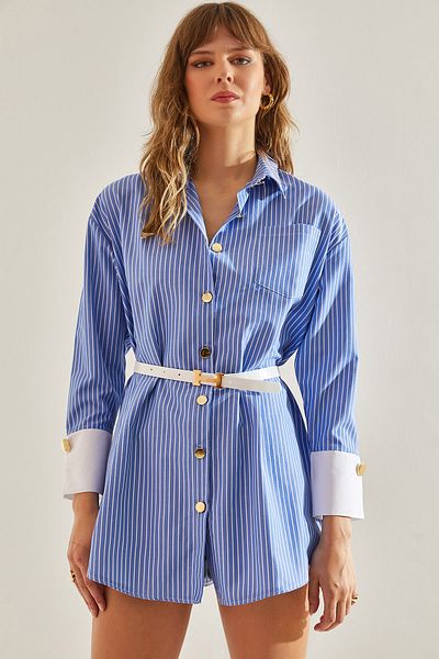 Bianco Lucci Women's Single Pocket Shirt - Cuff Detail, Belt, Snap Closure60251129