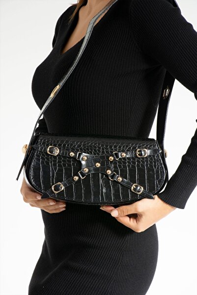 Silblack Kadın Kroko Desenli Baget Model Ayarlanabilir Kilit Askılı Manç Omuz Çanta