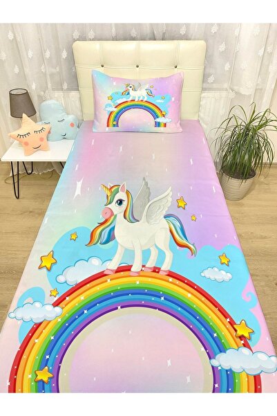 EVPANYA Gökkuşağı Üstünde Unicorn Desenli Yatak Örtüsü Ve Yastık