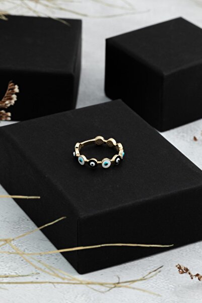 Cenova Jewelry 14 Ayar Altın Göz Tasarımlı Nazar Boncuklu Eklem Yüzüğü