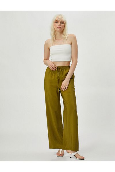 Koton Wide Leg Trousers with Lace Waist Viscose Blend Textured