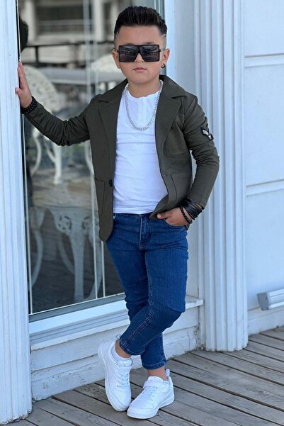 Riccotarz Boy's Khaki Blazer Jacket and Long Sleeve Khaki T-Shirt Set - Embroidered