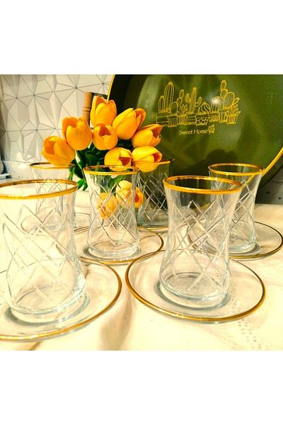 Dnz 12 Pieces 6 Person Lava Duru Berlin Gold Polishing Tea Set