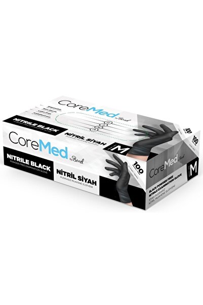 COREMED قفازات فحص سوداء خالية من البودرة نيتريل وسط 100 قطعة