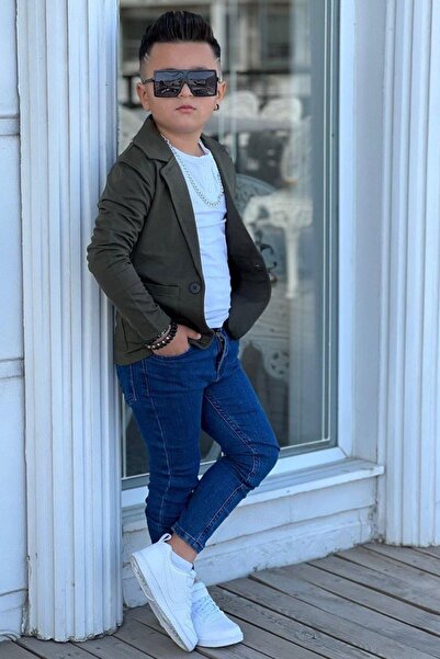 Riccotarz Boy's Khaki Blazer Jacket and Long Sleeve Khaki T-Shirt Set - Embroidered