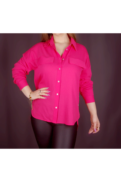 Lady Lydian Fuşya Rengi Şık Yandan Düğme Detaylı Şifon Gömlek