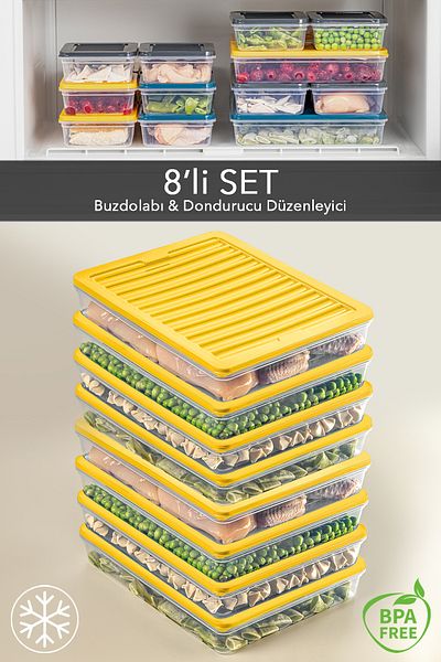 Meleni Home 8-Piece Yellow Storage Container - Microwave and Food Compatible, 2400 ml