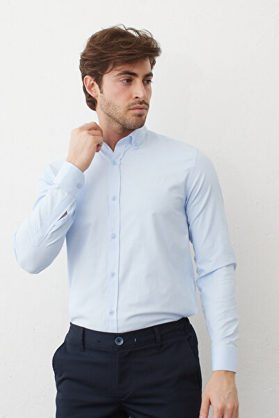 RAVANELLI Light Blue Slimfit Cotton Oxfort Lycra Collar Buttoned Long Sleeve Men's Shirt G490