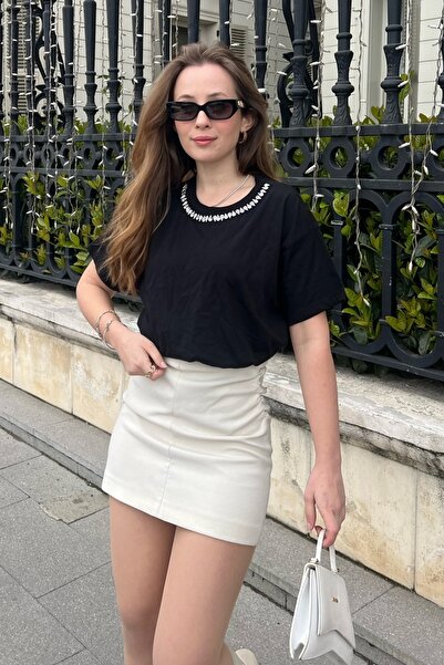 Bianco Lucci Γυναικείο χτενισμένο βαμβακερό μπλουζάκι από πέτρα - γιακά60211011