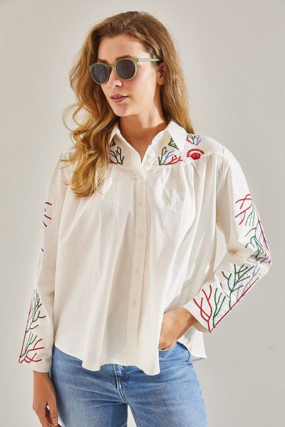 Bianco Lucci Modest Cămașă de damă din in - brodat, model 60181043