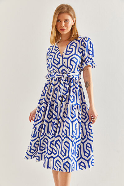 Bianco Lucci Kadın Kruvaze Yaka Beli Lastikli Kuşaklı Kloş Elbise 60211015