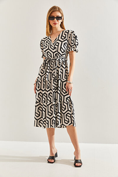 Bianco Lucci Γυναικείο φόρεμα με διπλό γιακά και ζώνη με ελαστική μέση -60211015