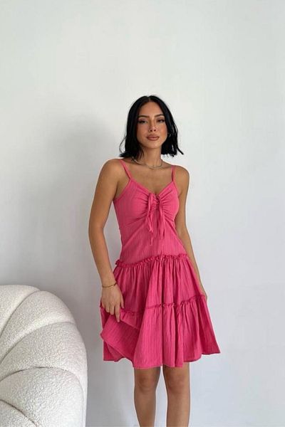 Ded COLLECTION Γυναικείο φόρεμα με πλισέ λινό λουράκι με κορδόνι