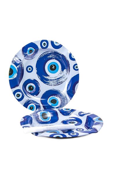 Emtory Home Σετ 2 Μπλε Μεταλλικό Τασάκι με μοτίβο Evil Eye - Μεταλλικό Τασάκι - Επιτραπέζιο Τασάκι - Πιάτο τσιγκένιας