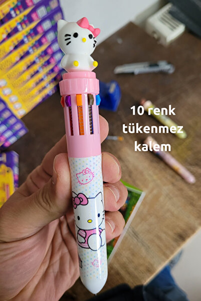 O&S Oyun ve Sanat Eğlen-Üret Hediyelik pembe hello kity kalem, 10 renk tükenmez kalem, tatlı tatlış ilkokul ortaokul çocuk hediye