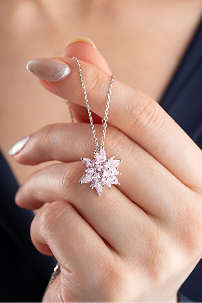 Silvano Jewelry 925 Ayar Gümüş Buzlu Açık Pembe Lotus Çiçeği Kolye