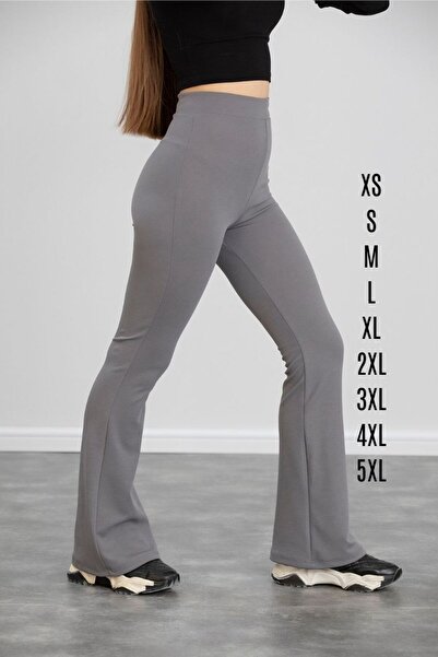 Genel Markalar Kadın Gri Yazlık Ispanyol Paça Krep Kumaş Yüksek Bel Likralı T...