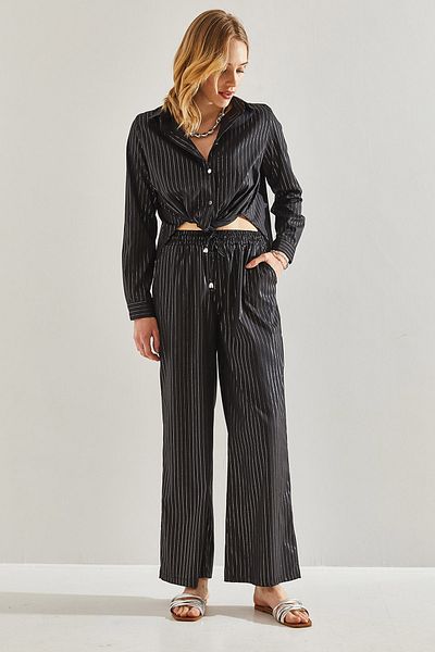 Bianco Lucci Glänzende, gestreifte Hose für Damen – Bindedetail vorne 60221021