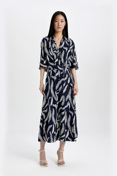 DeFacto Hemdkragen-Midikleid aus gemischtem Leinen mit halben Ärmeln und Muster C7094ax24sm