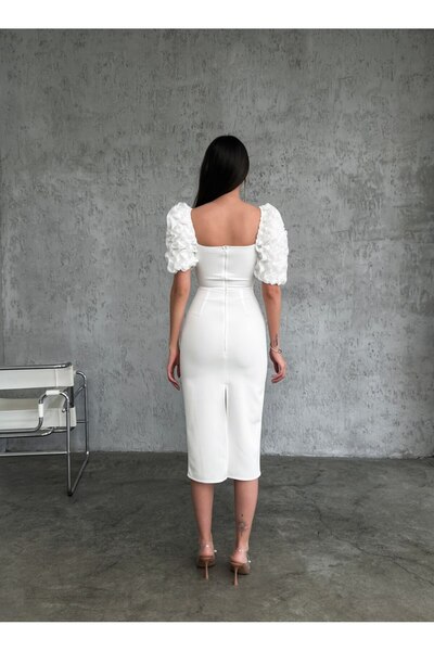 Elbisen Burada Λευκό Νυφικό Midiboy Φόρεμα Αποδοχής στο Σπίτι