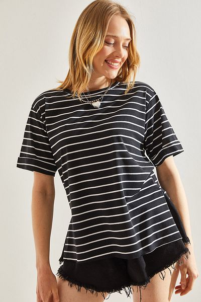 Bianco Lucci Pruhované dámské tričko Crew Neck S rozparkem -60241003