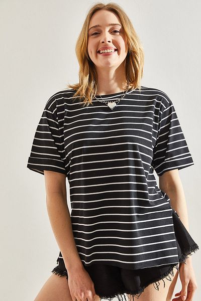 Bianco Lucci Pruhované dámské tričko Crew Neck S rozparkem -60241003
