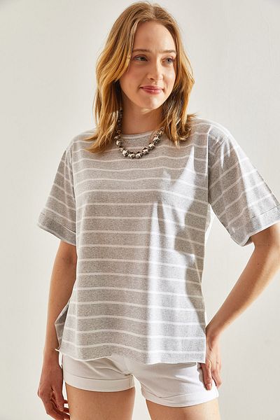 Bianco Lucci Women's Striped T-Shirt with Crew Neck and Side Slits -60241003