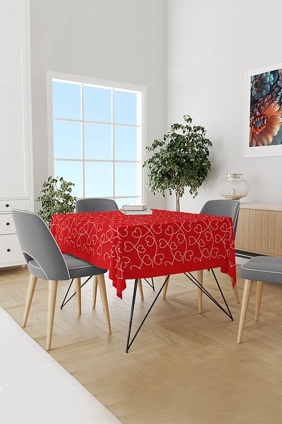Moud's Red Hearts Patterned Suede Carefree Tablecloth