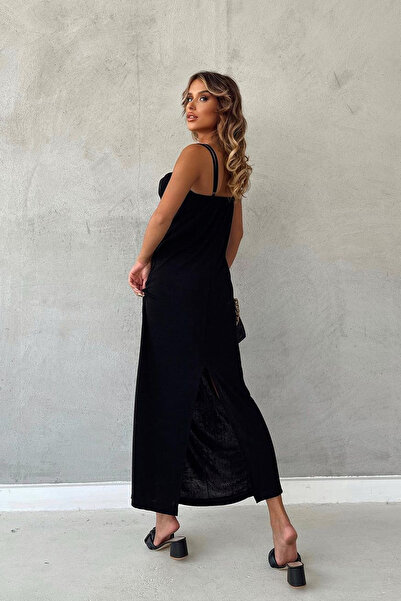 Ortaya Çık Black Shirred Detailed Strappy Dress