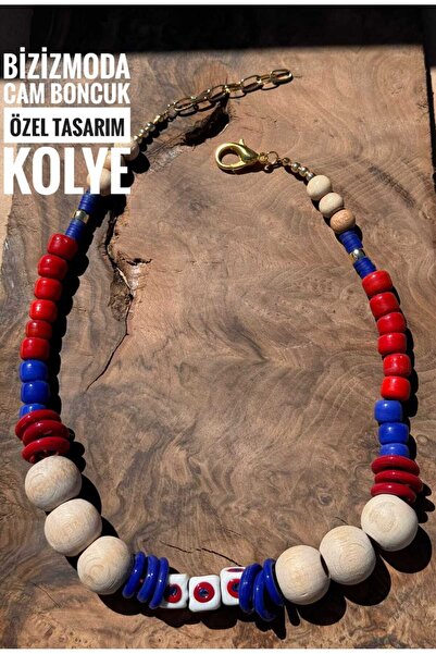 bizizmoda Glass Beads African Bohemian Style Glass Beads Eye Necklace Wooden Design Glass Beads Blue Necklace