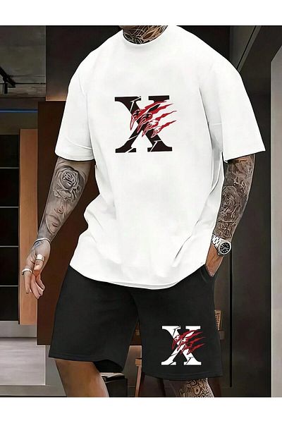 HIRSCH Unisex White T-shirt Black Shorts Bottom Top X Printed Set