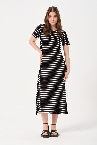 Owut Collection Rochie lungă cu dungi alb-negru de damă