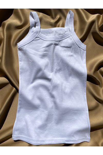 LEYNA BUTİK Woman's Cotton Ribbed Strap Oval Collar 1 Piece White Color Basic Tank Top