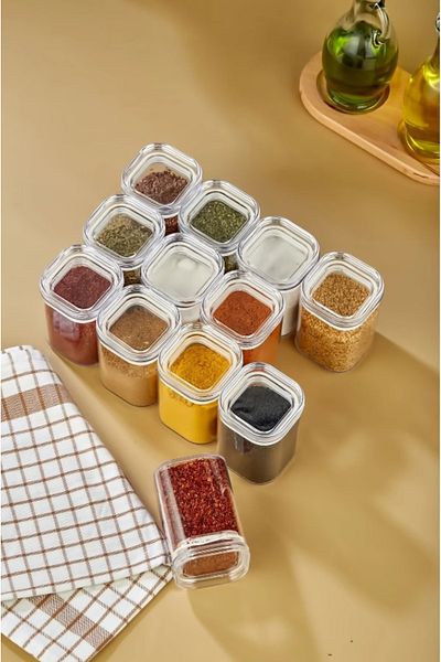 ŞAKİLATA CONCEPT 12-Piece Acrylic Spice Jar Storage Container with Vacuum Lid 200-250-300 Ml Transparent Label Gift