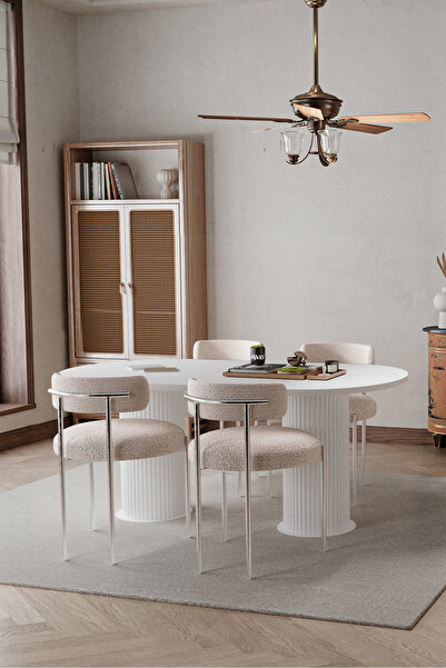 AVVİO Daici Beyaz Bohem Ayak 80x160 Mutfak Masa Teddy Sandalye Takımı