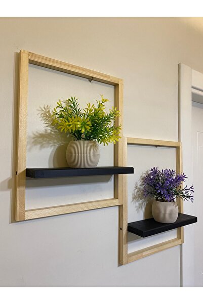 ViraHome 2' Li Lüx Dekoratif Siyah Ahşap Çerçeveli Raf Çiçeklik Duvar Süsü Ev...