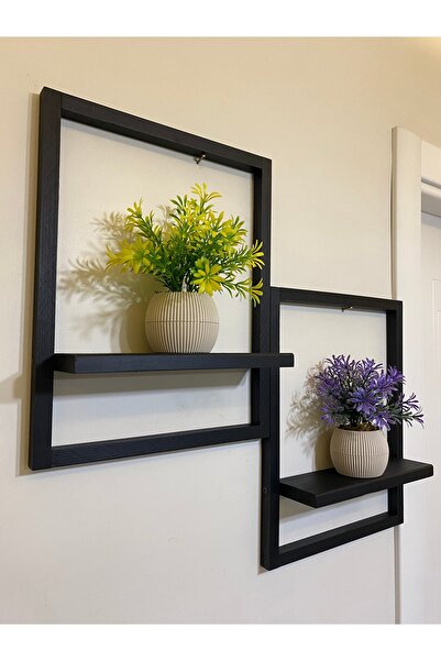 ViraHome 2' Li Lüx Dekoratif Siyah Ahşap Çerçeveli Raf Çiçeklik Duvar Süsü Ev...