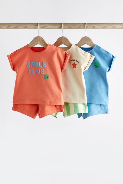 Next Baby Blue Orange 3-Piece Cotton Shorts Set - Short Sleeve
